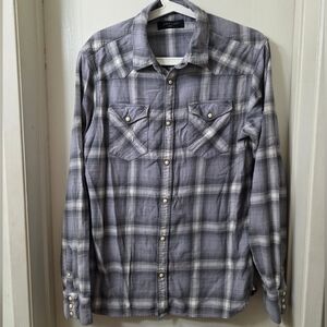 All Saints Men’s Gray Plaid Snap Button Flannel Shirt | Western Style | Size M